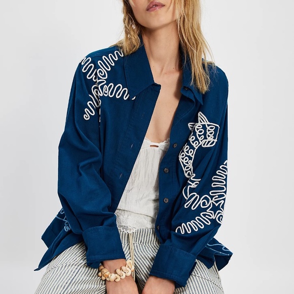 Free People Tops - Free People We The Free Tidal Stitch Shirt Blue 25111